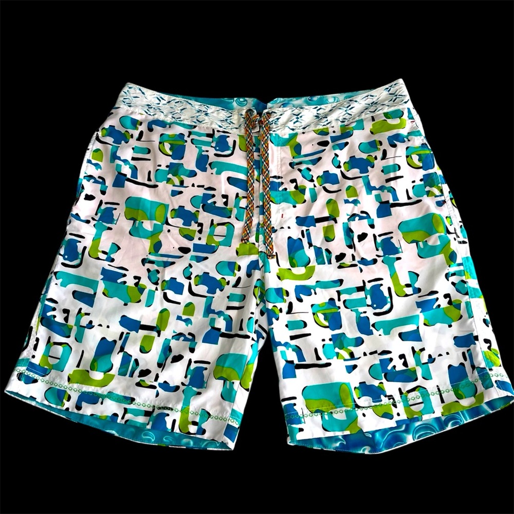 Robert Graham Mens Swim Trunks 40 Abstract Print Board Shorts Zipper Embroidered